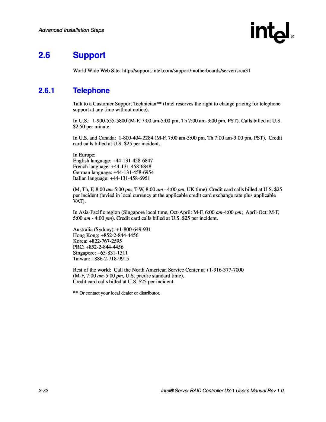 Intel SRCU31 user manual 2.6Support, 2.6.1Telephone, Advanced Installation Steps 