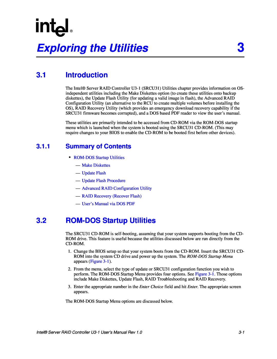 Intel SRCU31 user manual Exploring the Utilities, 3.1Introduction, 3.2ROM-DOSStartup Utilities 