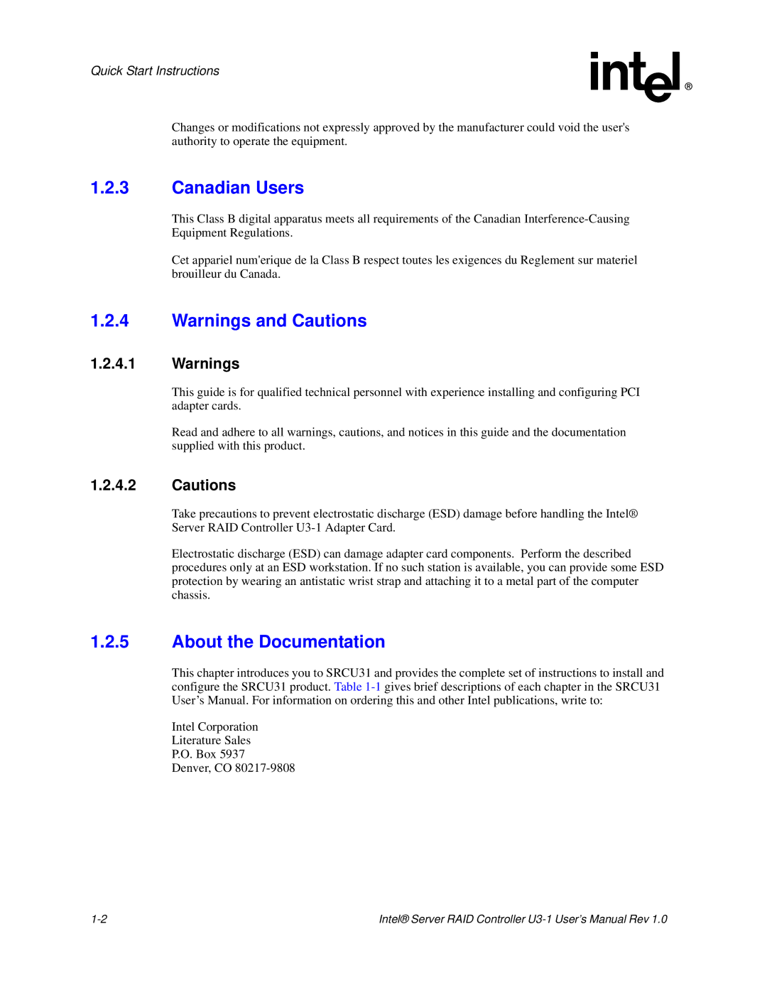 Intel SRCU31 user manual Canadian Users, About the Documentation 