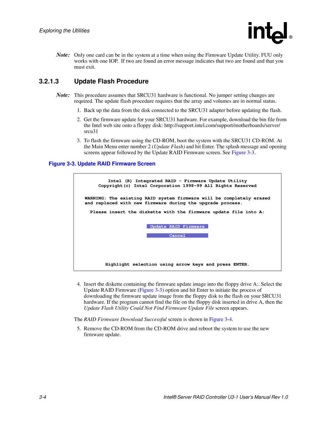 Intel SRCU31 user manual Update Flash Procedure, Update RAID Firmware Screen 