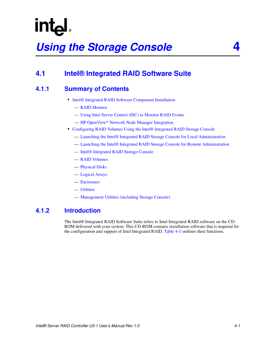 Intel SRCU31 user manual Using the Storage Console, Intel Integrated RAID Software Suite 