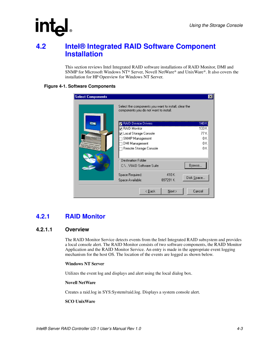 Intel SRCU31 user manual Intel Integrated RAID Software Component Installation, RAID Monitor, Overview 