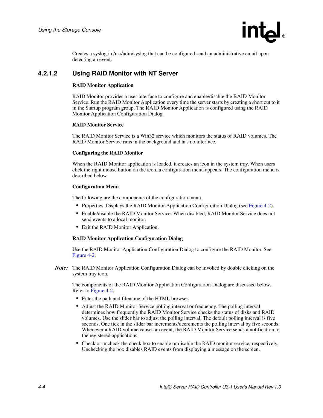 Intel SRCU31 user manual Using RAID Monitor with NT Server 