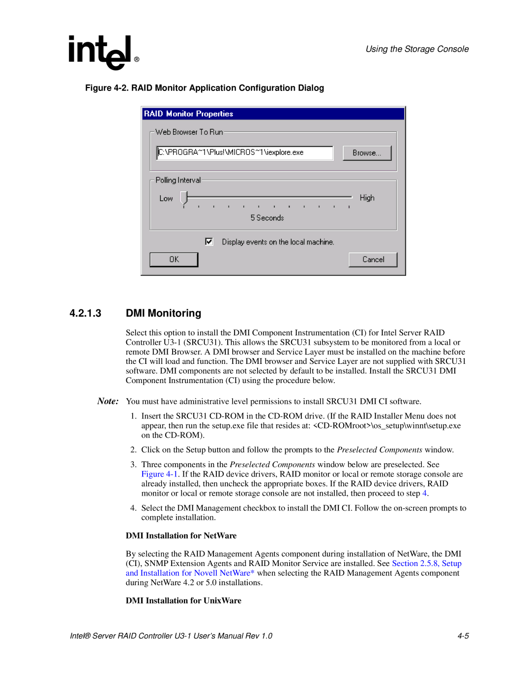 Intel SRCU31 user manual DMI Monitoring, DMI Installation for NetWare, DMI Installation for UnixWare 