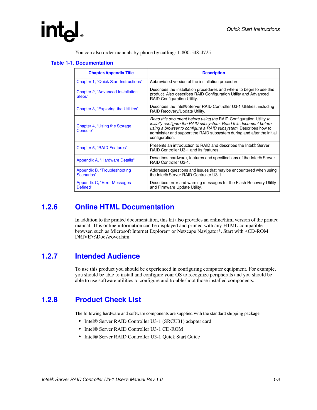 Intel SRCU31 Online Html Documentation, Intended Audience, Product Check List, Chapter/Appendix Title Description 