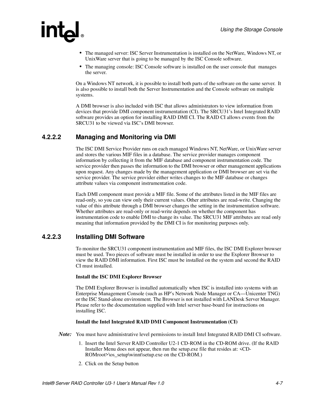 Intel SRCU31 user manual Managing and Monitoring via DMI, Installing DMI Software, Install the ISC DMI Explorer Browser 