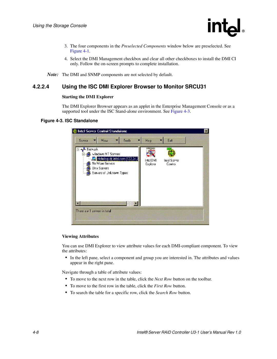 Intel user manual Using the ISC DMI Explorer Browser to Monitor SRCU31, Starting the DMI Explorer, Viewing Attributes 