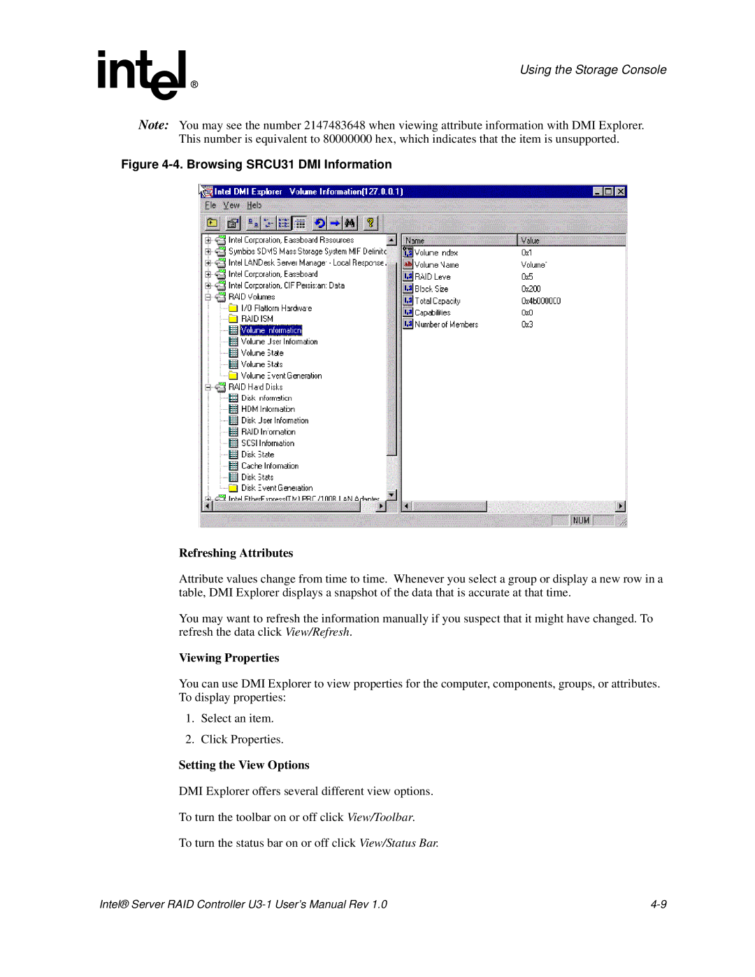 Intel SRCU31 user manual Refreshing Attributes, Viewing Properties, Setting the View Options 