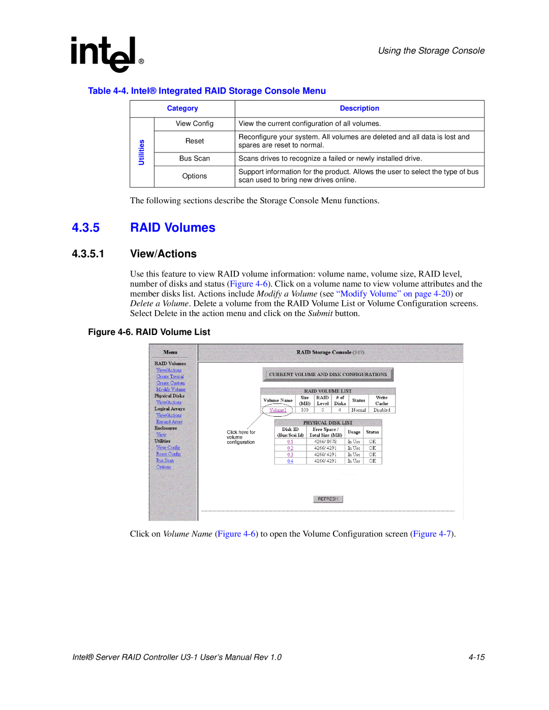 Intel SRCU31 user manual RAID Volumes, View/Actions 