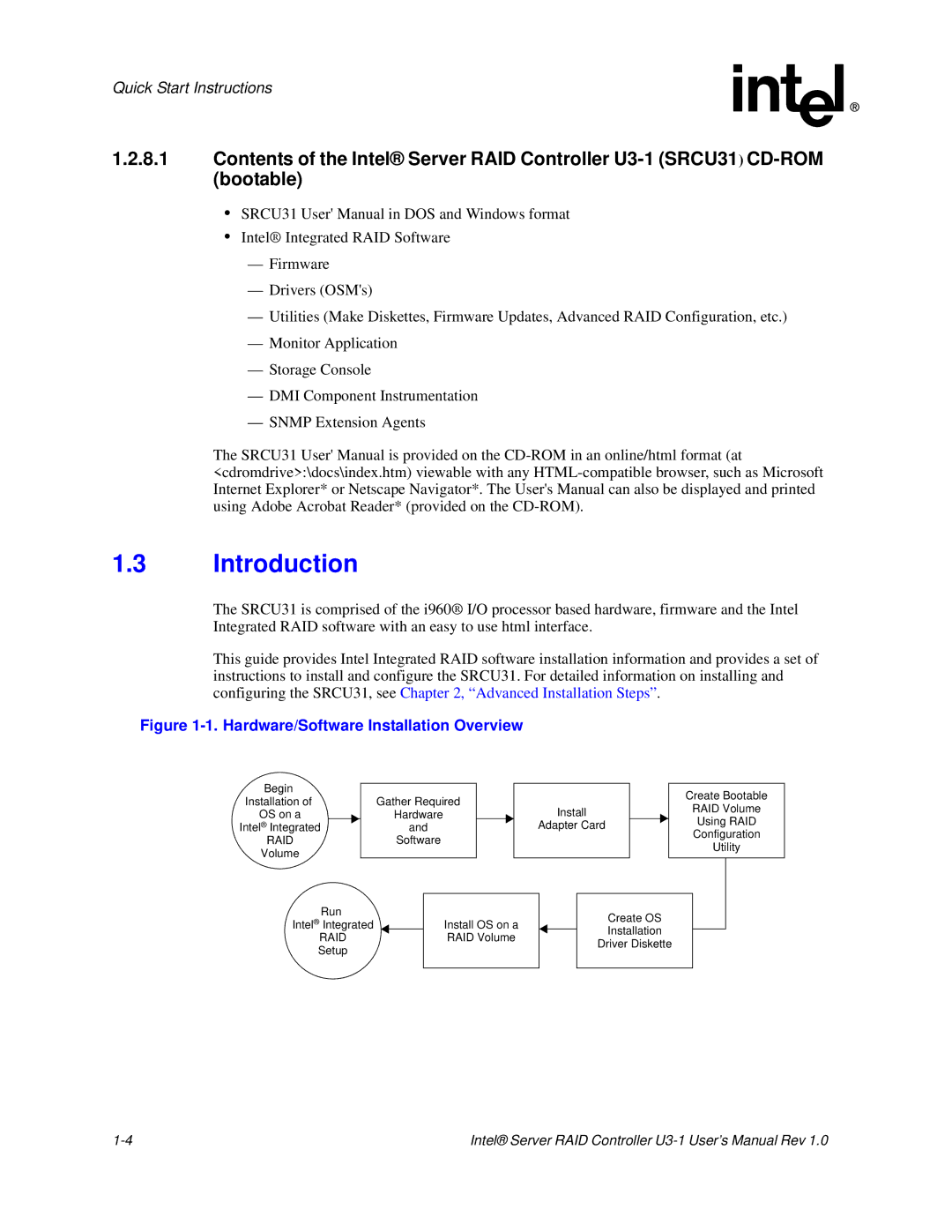 Intel SRCU31 user manual Introduction, Hardware/Software Installation Overview 