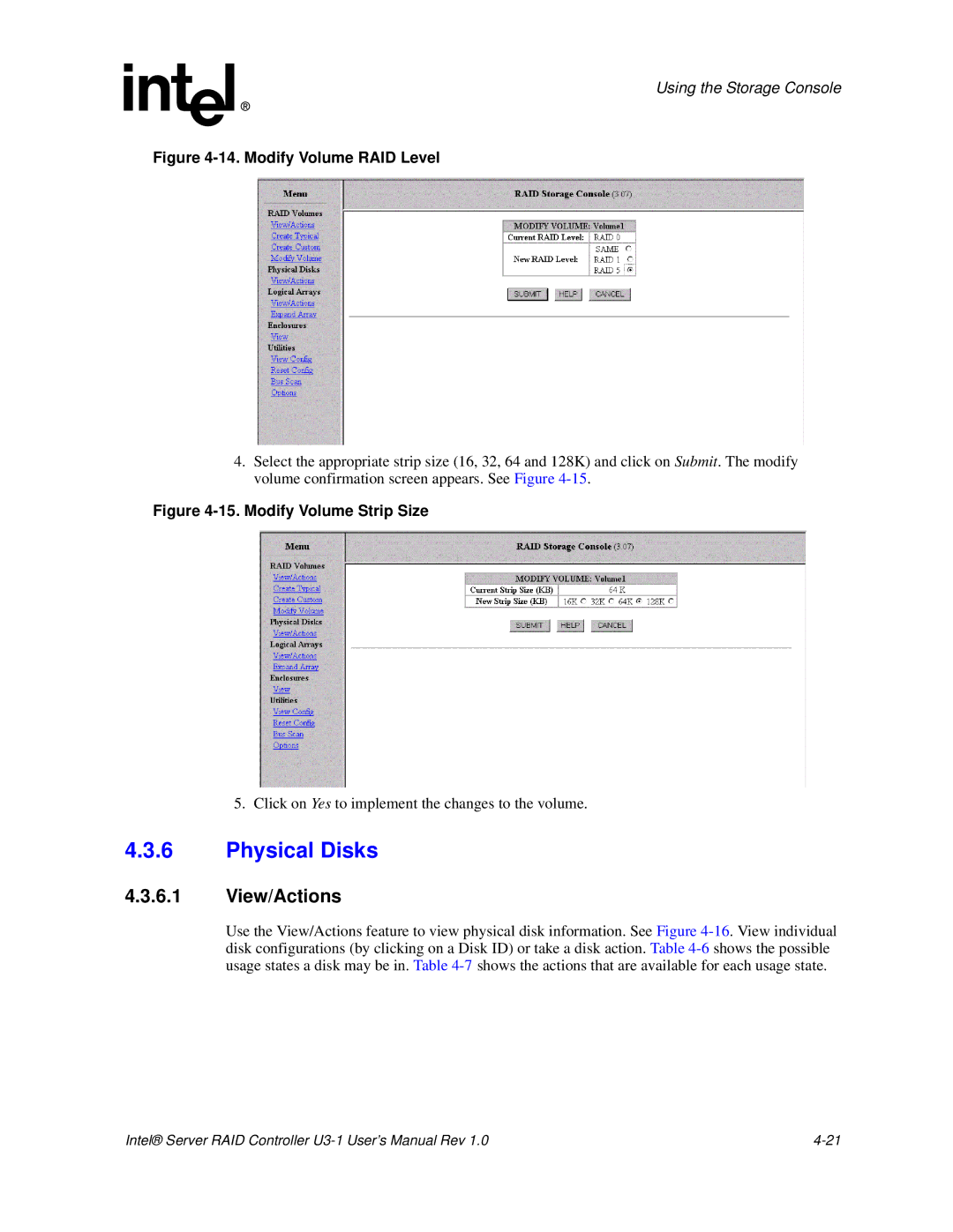 Intel SRCU31 user manual Physical Disks, Modify Volume RAID Level 