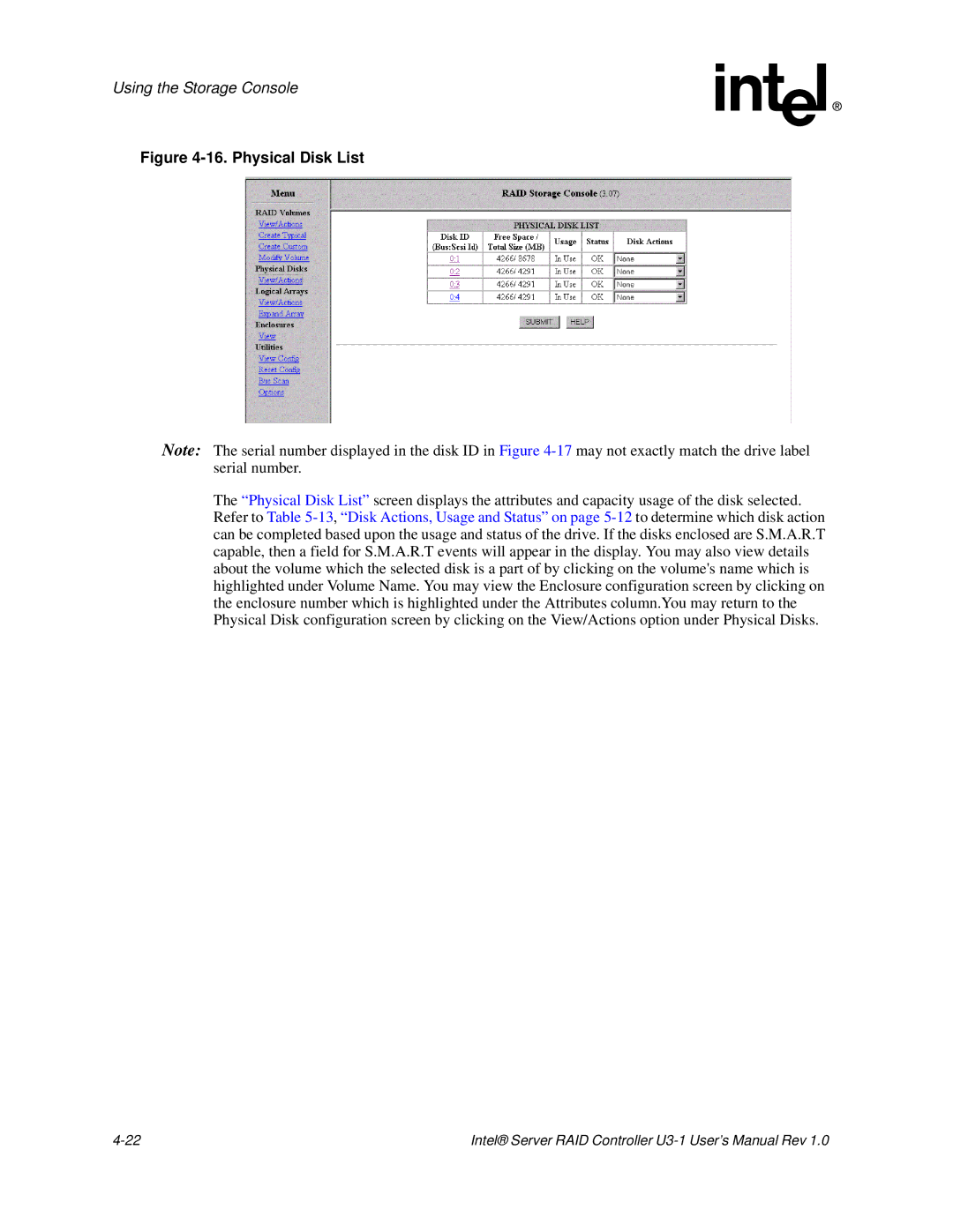 Intel SRCU31 user manual Physical Disk List 