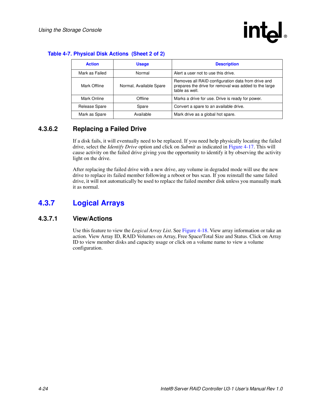 Intel SRCU31 user manual Logical Arrays, Replacing a Failed Drive, Physical Disk Actions Sheet 2 