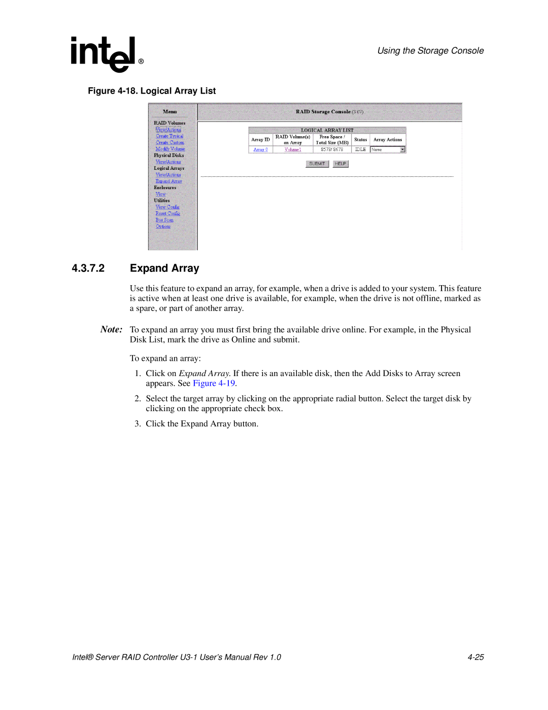 Intel SRCU31 user manual Expand Array, Logical Array List 