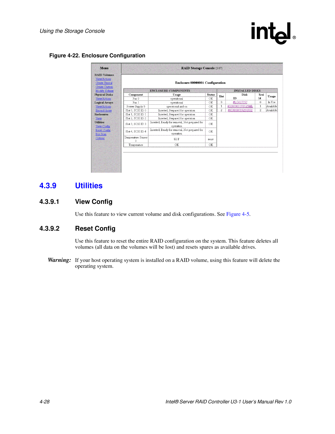 Intel SRCU31 user manual Utilities, View Config, Reset Config 