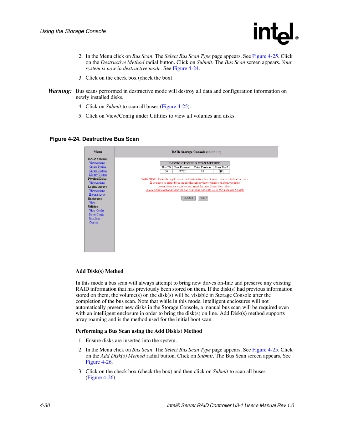 Intel SRCU31 user manual Performing a Bus Scan using the Add Disks Method 