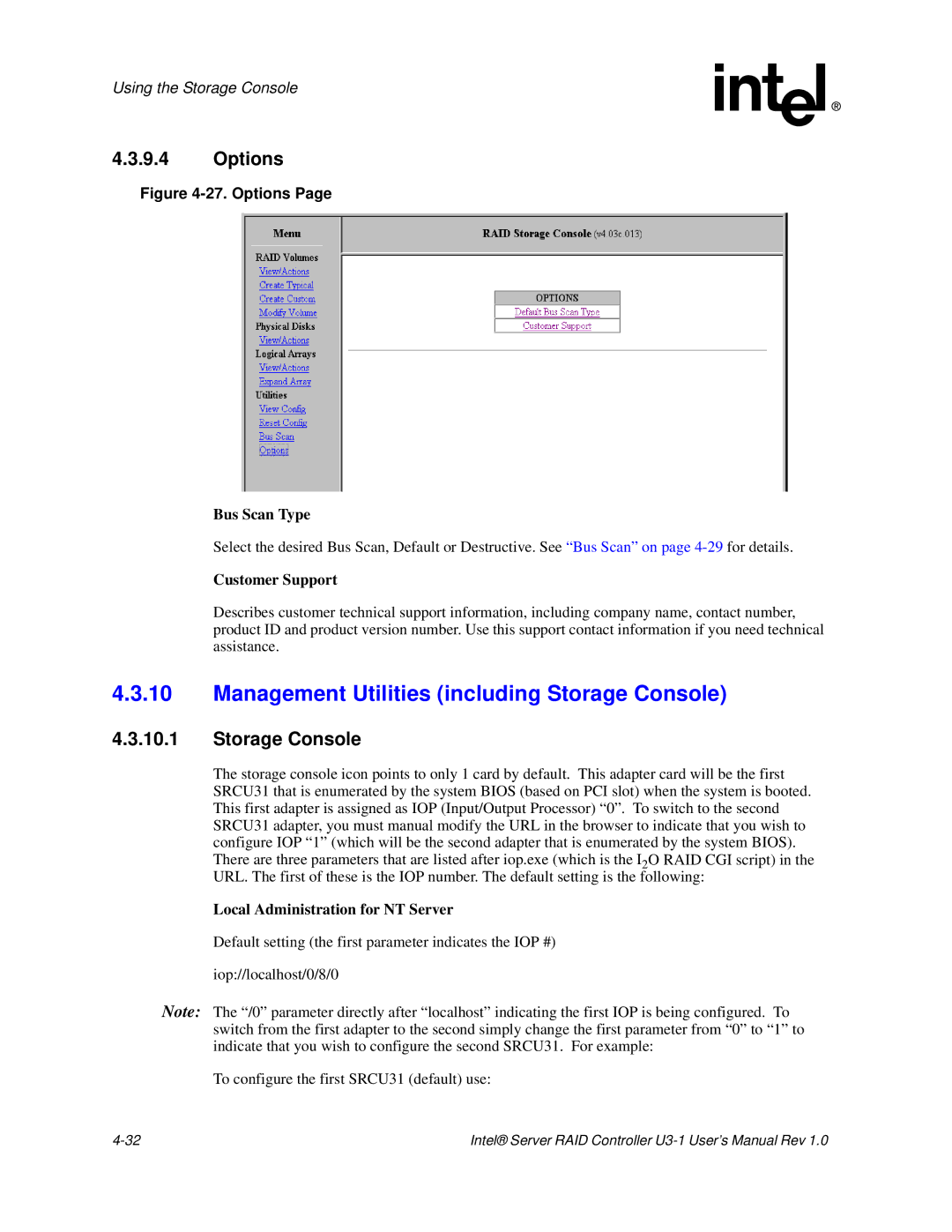 Intel SRCU31 user manual Management Utilities including Storage Console, Options 