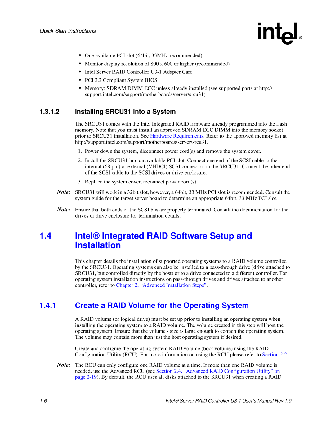 Intel SRCU31 Intel Integrated RAID Software Setup and Installation, Create a RAID Volume for the Operating System 