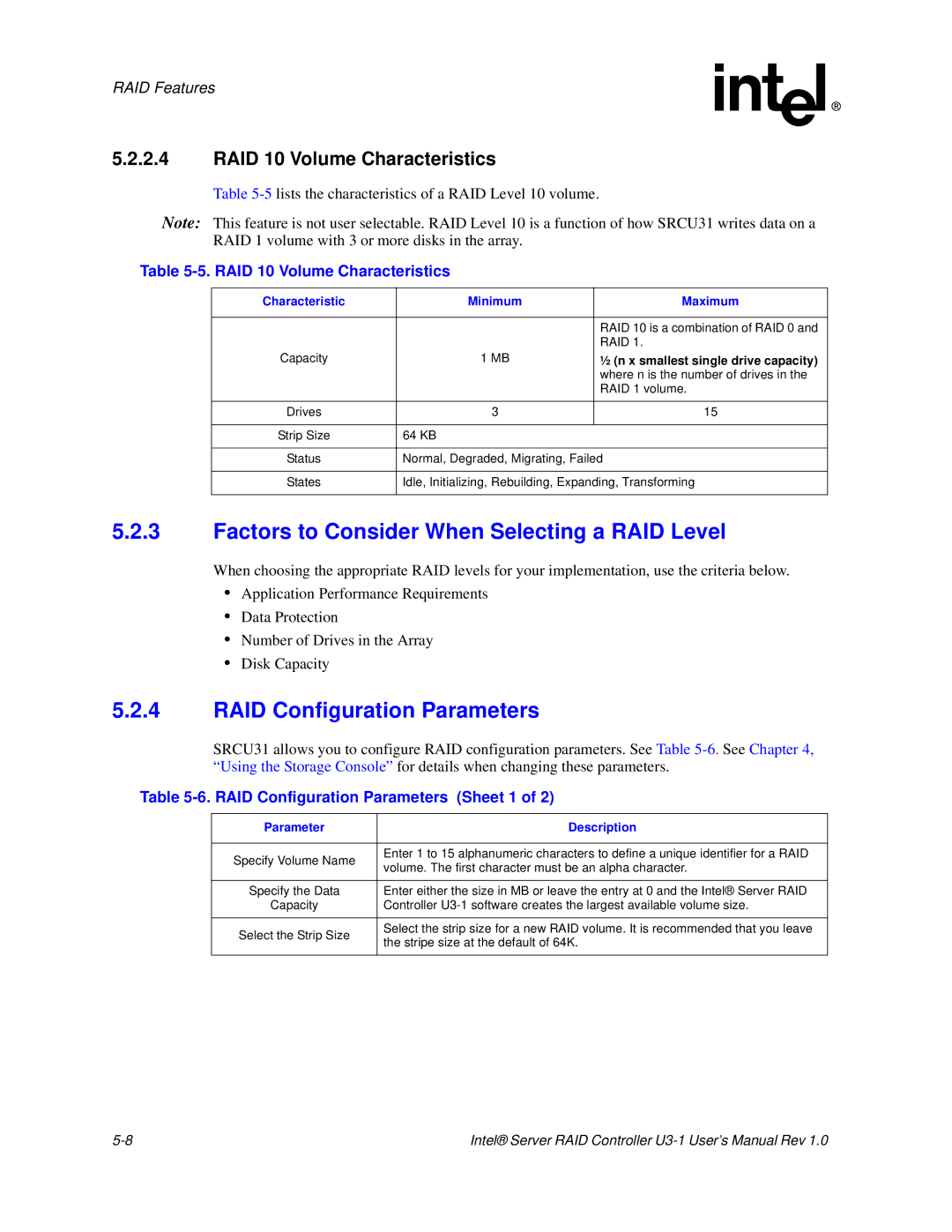 Intel SRCU31 user manual Factors to Consider When Selecting a RAID Level, RAID Configuration Parameters 