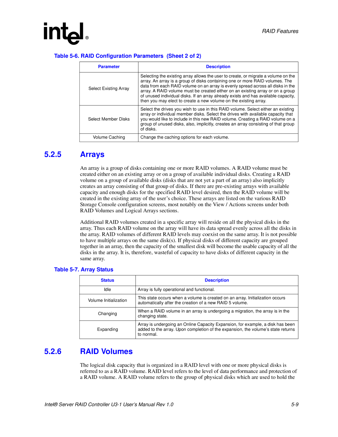 Intel SRCU31 user manual Arrays, RAID Configuration Parameters Sheet 2, Array Status, Status Description 