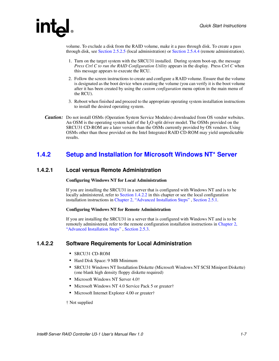 Intel SRCU31 user manual Setup and Installation for Microsoft Windows NT* Server, Local versus Remote Administration 