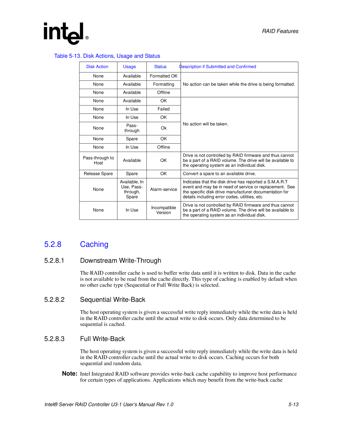 Intel SRCU31 user manual Caching, Downstream Write-Through, Sequential Write-Back, Full Write-Back 