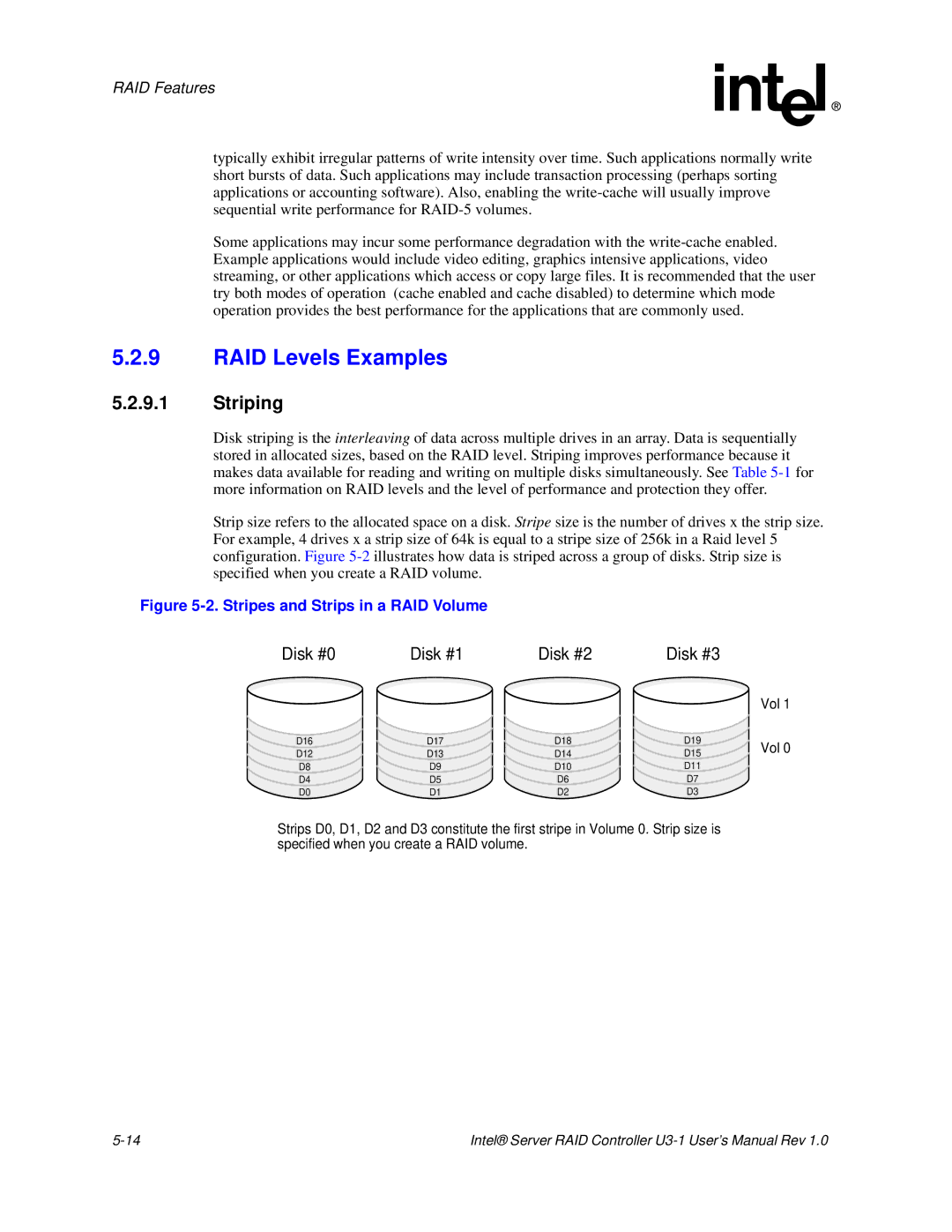 Intel SRCU31 user manual RAID Levels Examples, Striping 