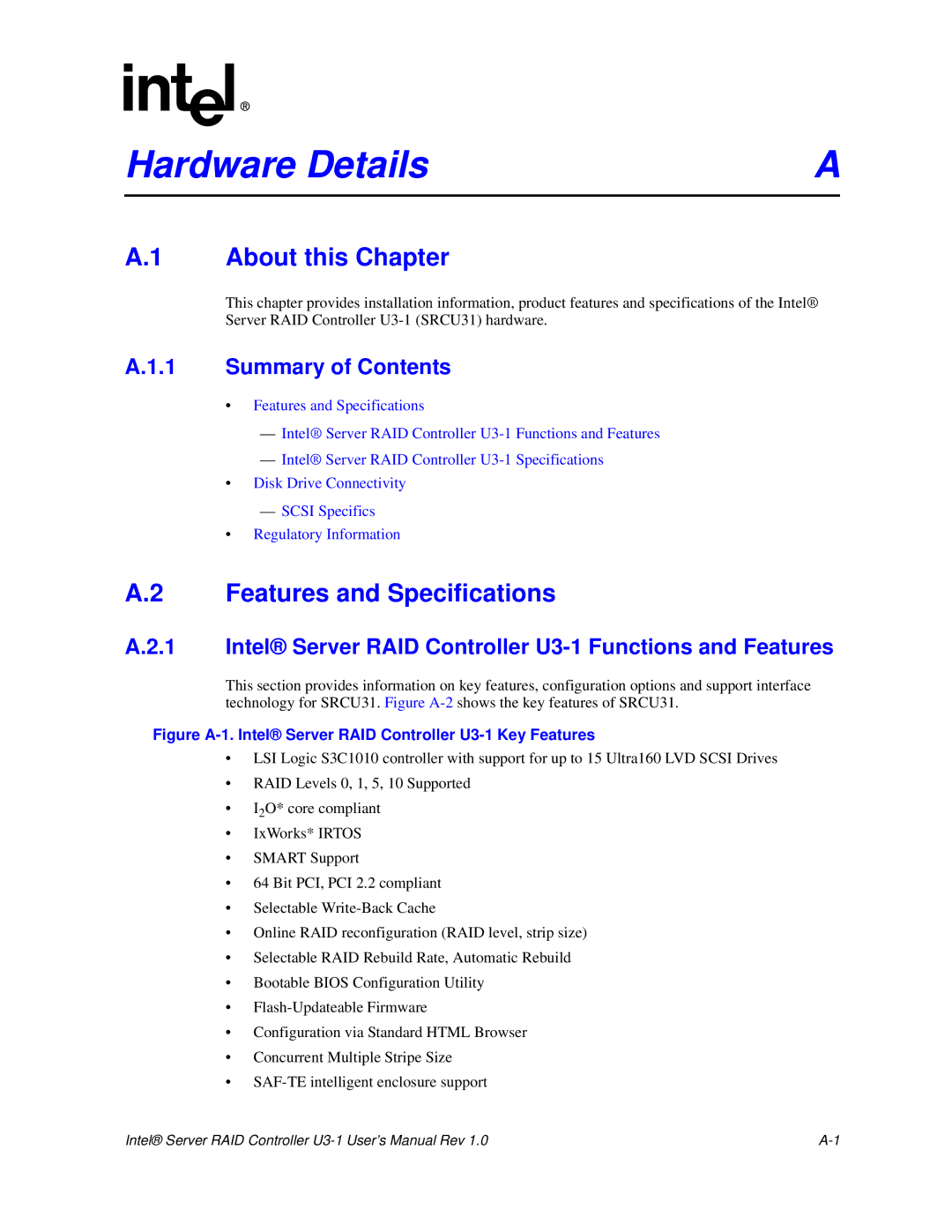 Intel SRCU31 About this Chapter, Features and Specifications, Intel Server RAID Controller U3-1 Functions and Features 