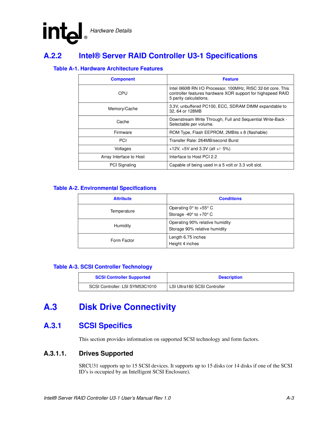 Intel SRCU31 Disk Drive Connectivity, Intel Server RAID Controller U3-1 Specifications, Scsi Specifics, Drives Supported 