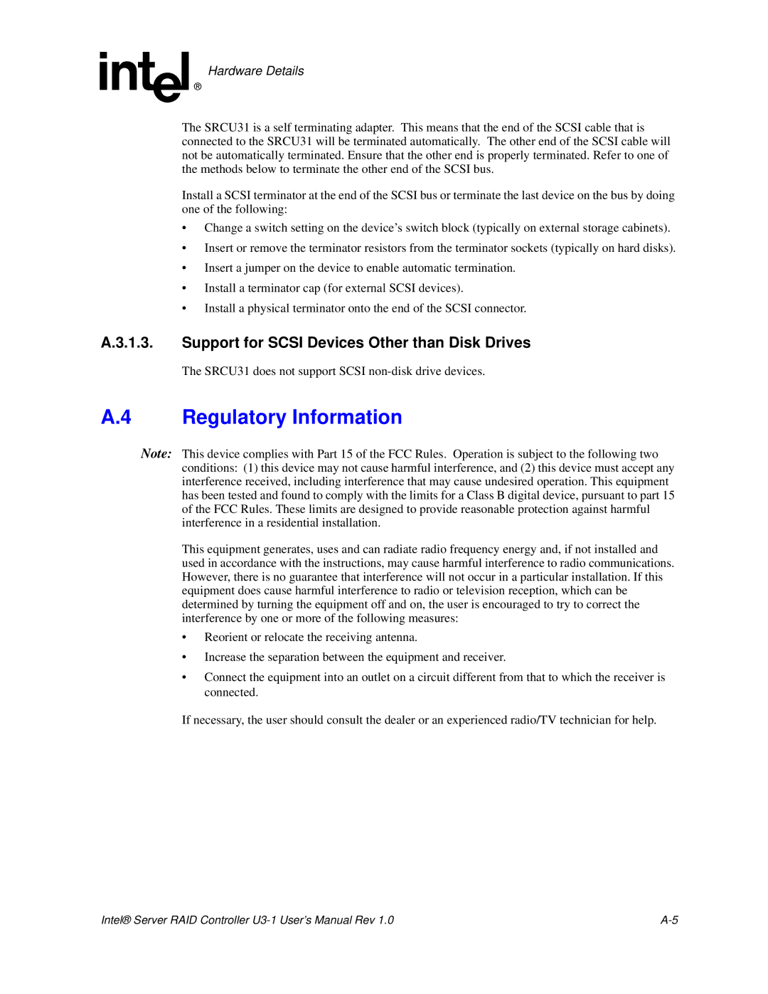 Intel SRCU31 user manual Regulatory Information, Support for Scsi Devices Other than Disk Drives 