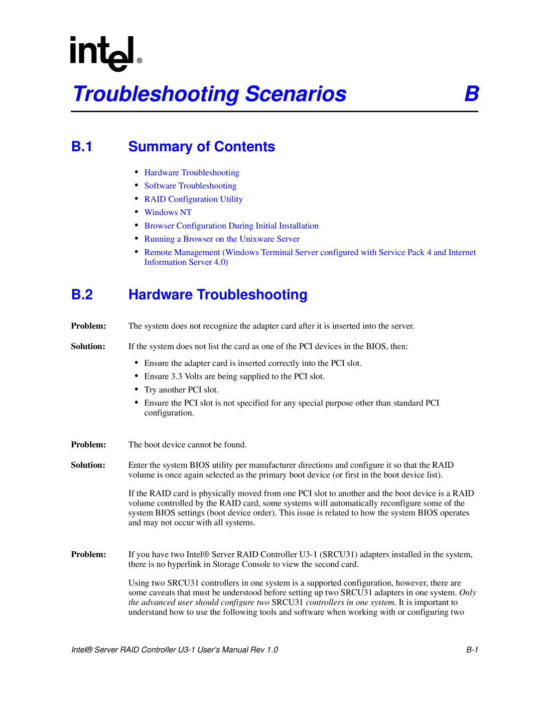 Intel SRCU31 user manual Troubleshooting Scenarios, Hardware Troubleshooting 