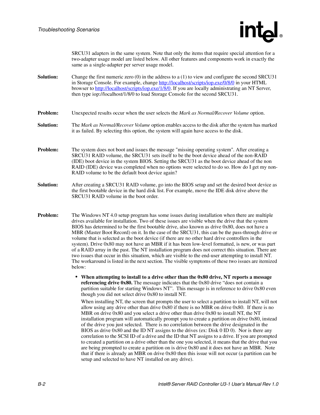 Intel SRCU31 user manual Troubleshooting Scenarios 