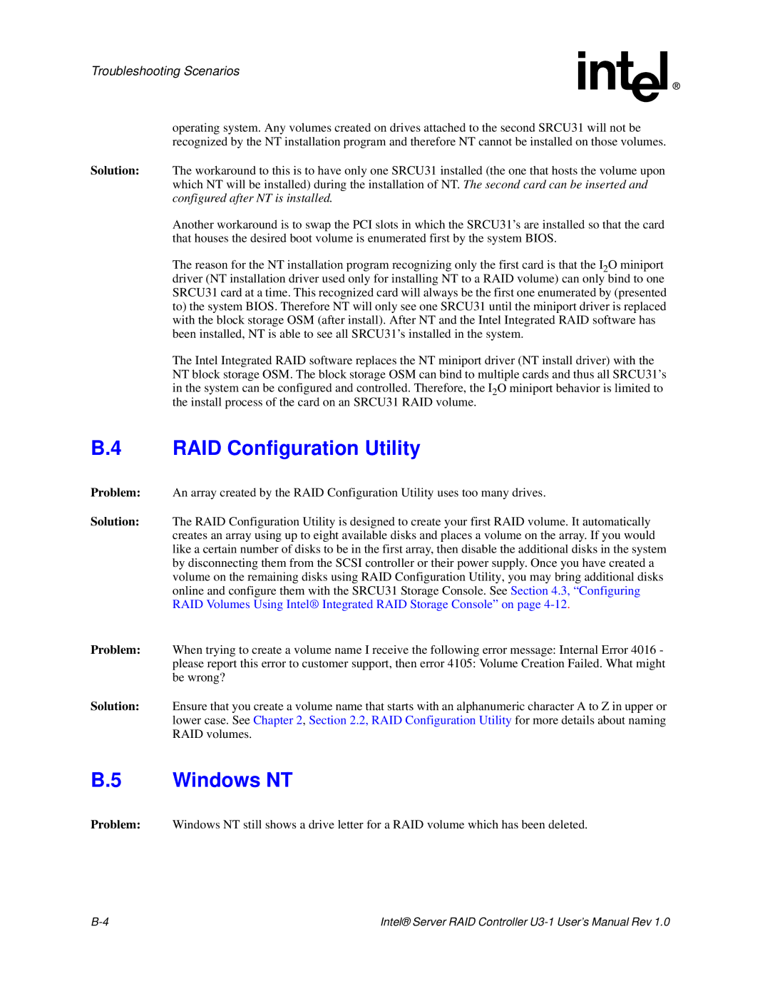 Intel SRCU31 user manual RAID Configuration Utility, Windows NT 