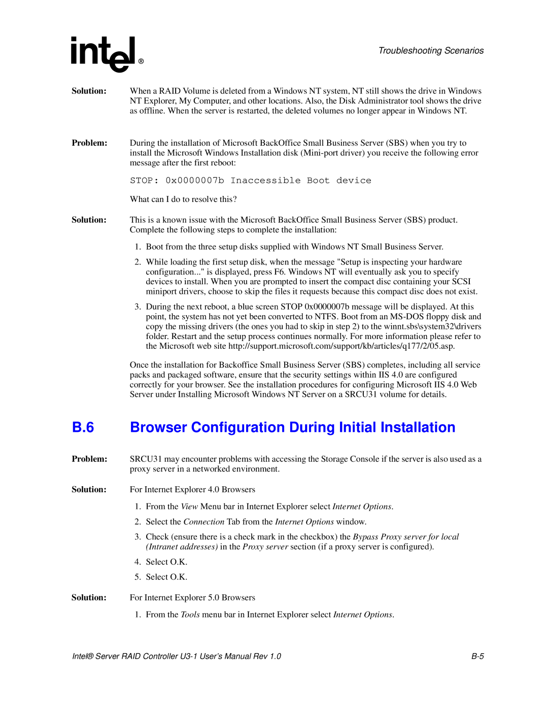 Intel SRCU31 user manual Browser Configuration During Initial Installation, Stop 0x0000007b Inaccessible Boot device 