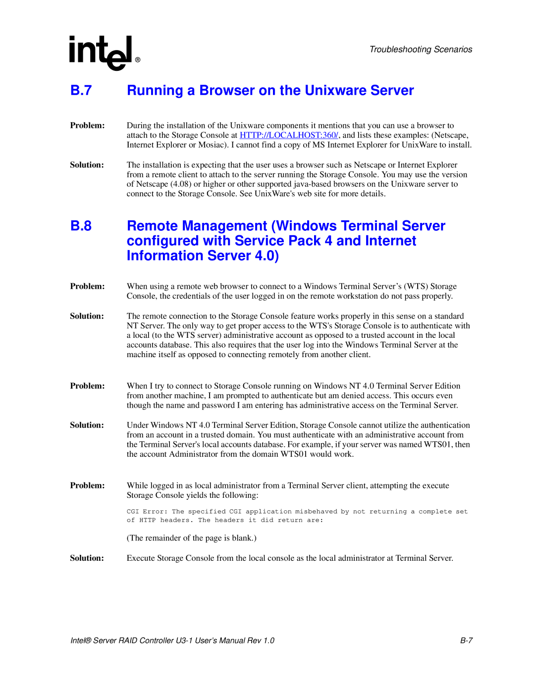 Intel SRCU31 user manual Running a Browser on the Unixware Server 