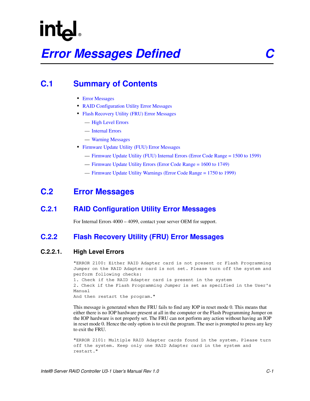 Intel SRCU31 RAID Configuration Utility Error Messages, Flash Recovery Utility FRU Error Messages, High Level Errors 