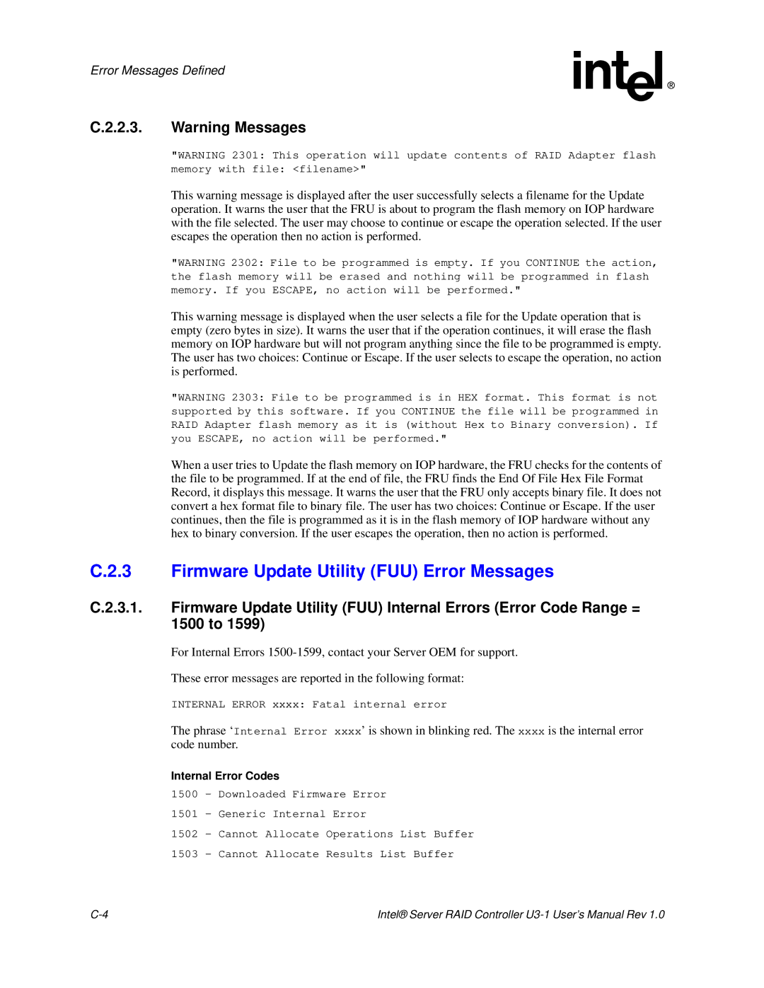 Intel SRCU31 user manual Firmware Update Utility FUU Error Messages, Internal Error Codes 
