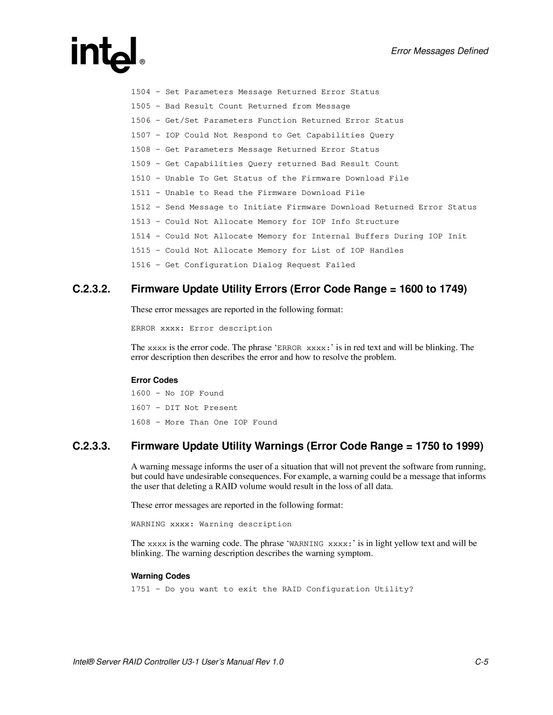 Intel SRCU31 user manual Firmware Update Utility Errors Error Code Range = 1600 to 