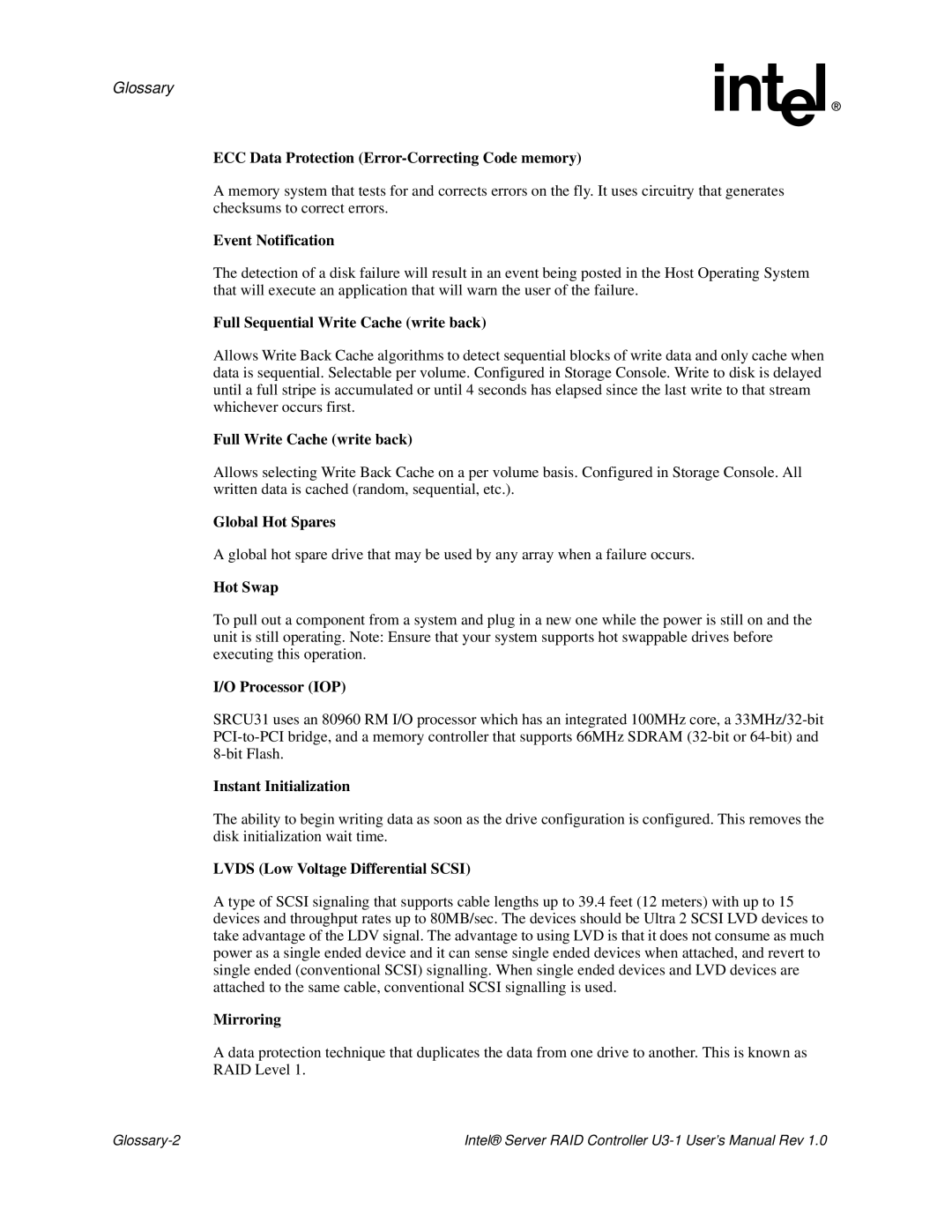 Intel SRCU31 ECC Data Protection Error-Correcting Code memory, Event Notification, Full Sequential Write Cache write back 