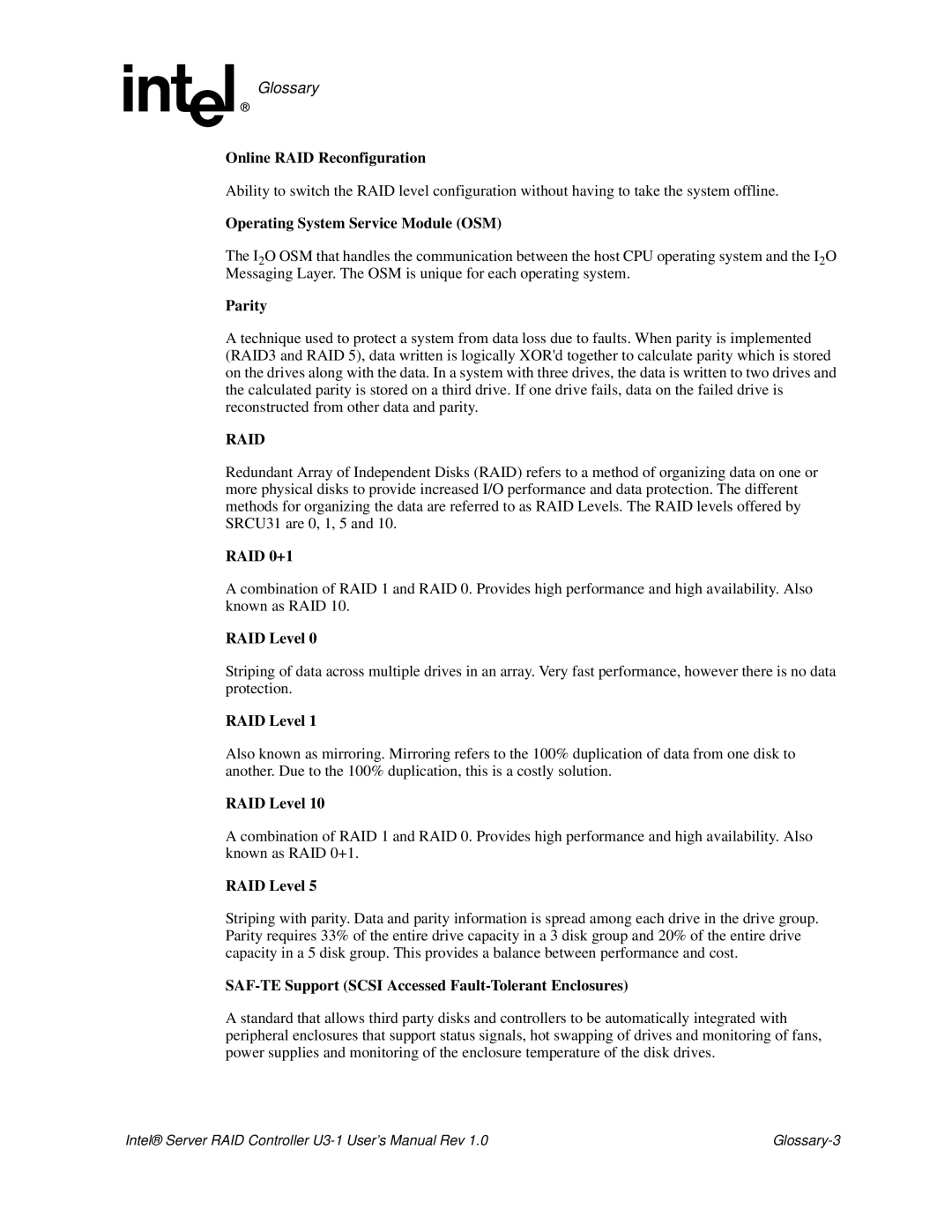 Intel SRCU31 user manual Online RAID Reconfiguration, Operating System Service Module OSM, Parity, RAID 0+1, RAID Level 