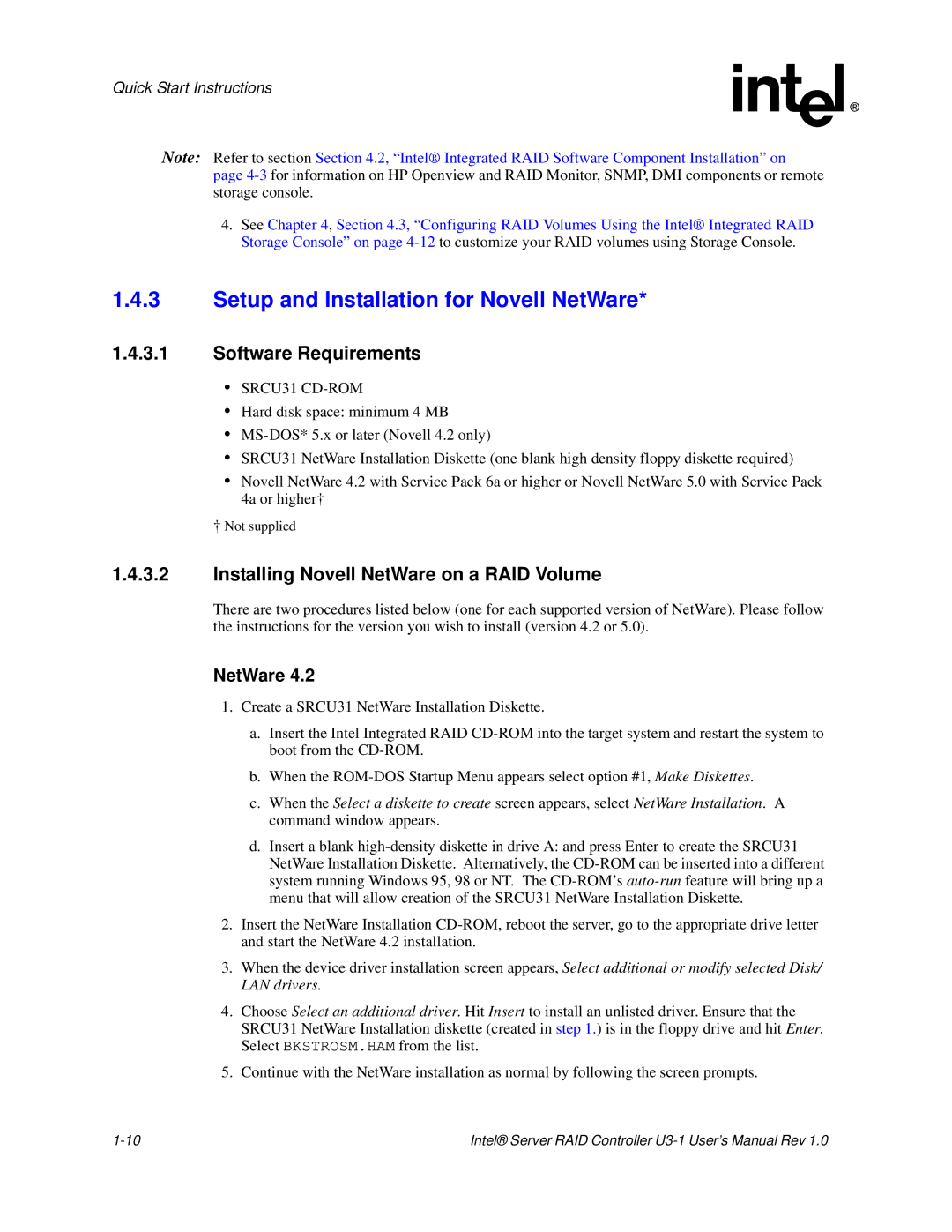 Intel SRCU31 Setup and Installation for Novell NetWare, Software Requirements, Installing Novell NetWare on a RAID Volume 