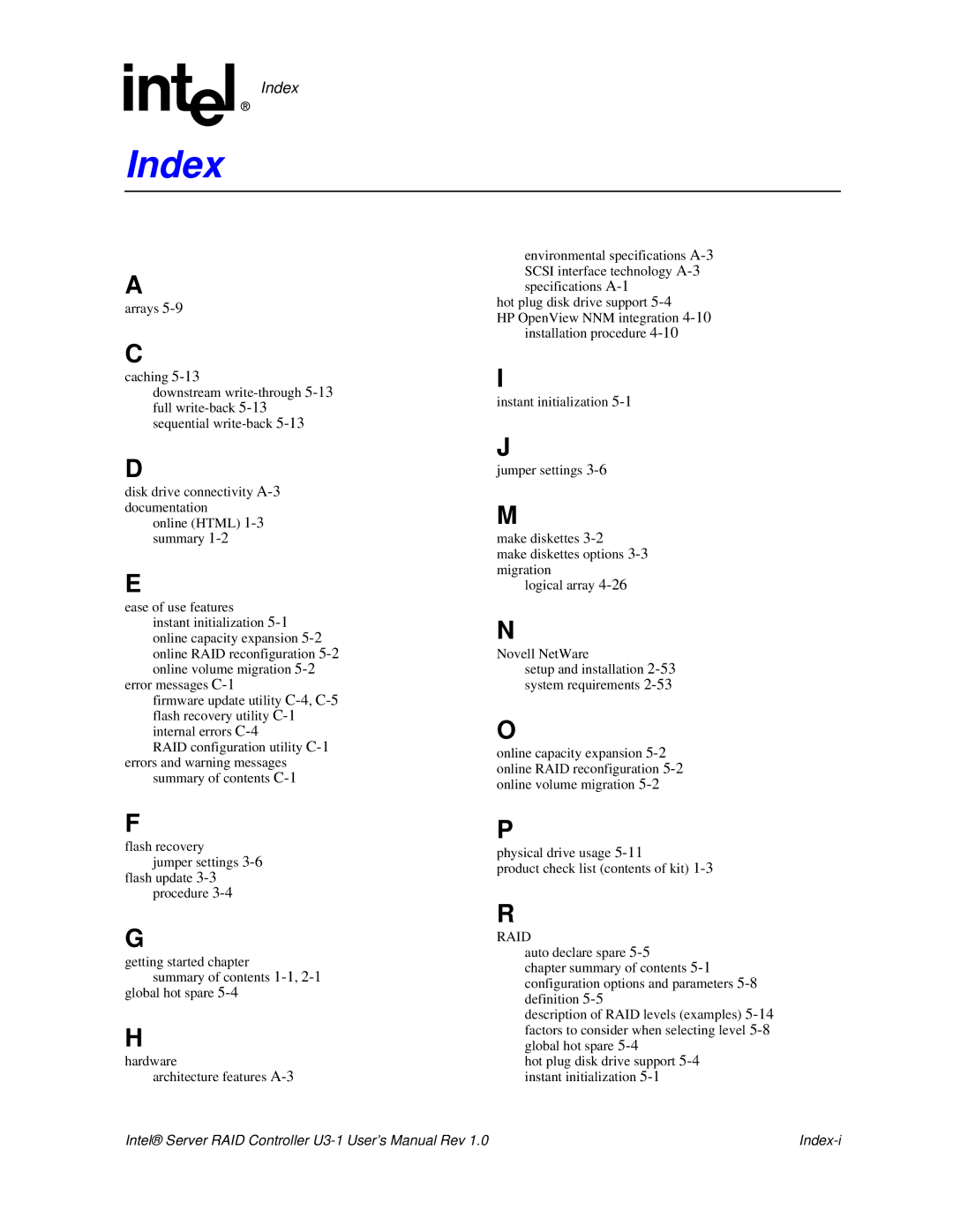 Intel SRCU31 user manual Index 