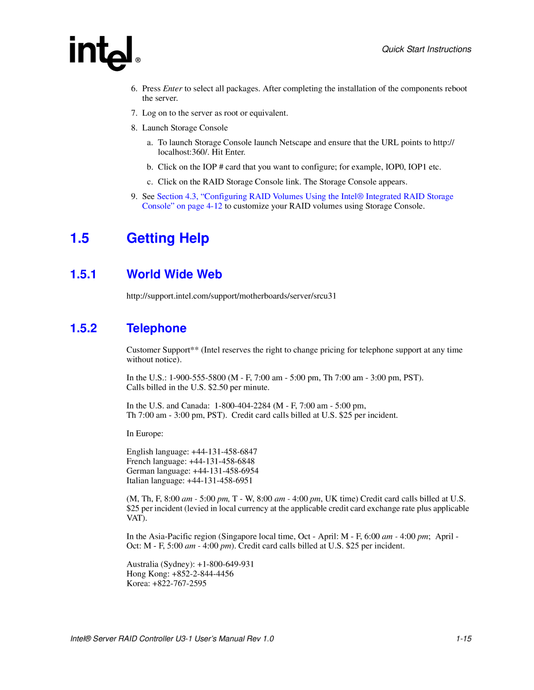 Intel SRCU31 user manual Getting Help, World Wide Web Telephone 