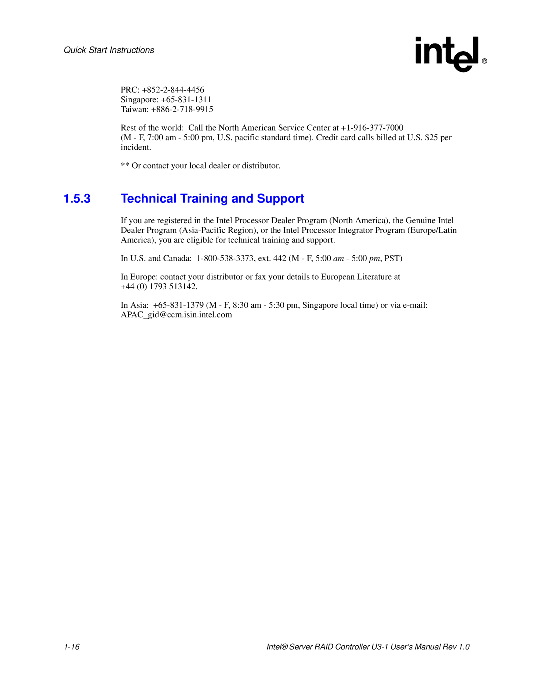 Intel SRCU31 user manual Technical Training and Support 