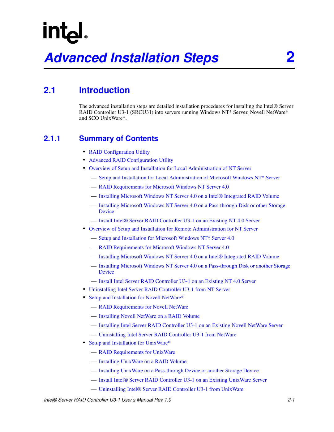 Intel SRCU31 user manual Advanced Installation Steps, Summary of Contents 