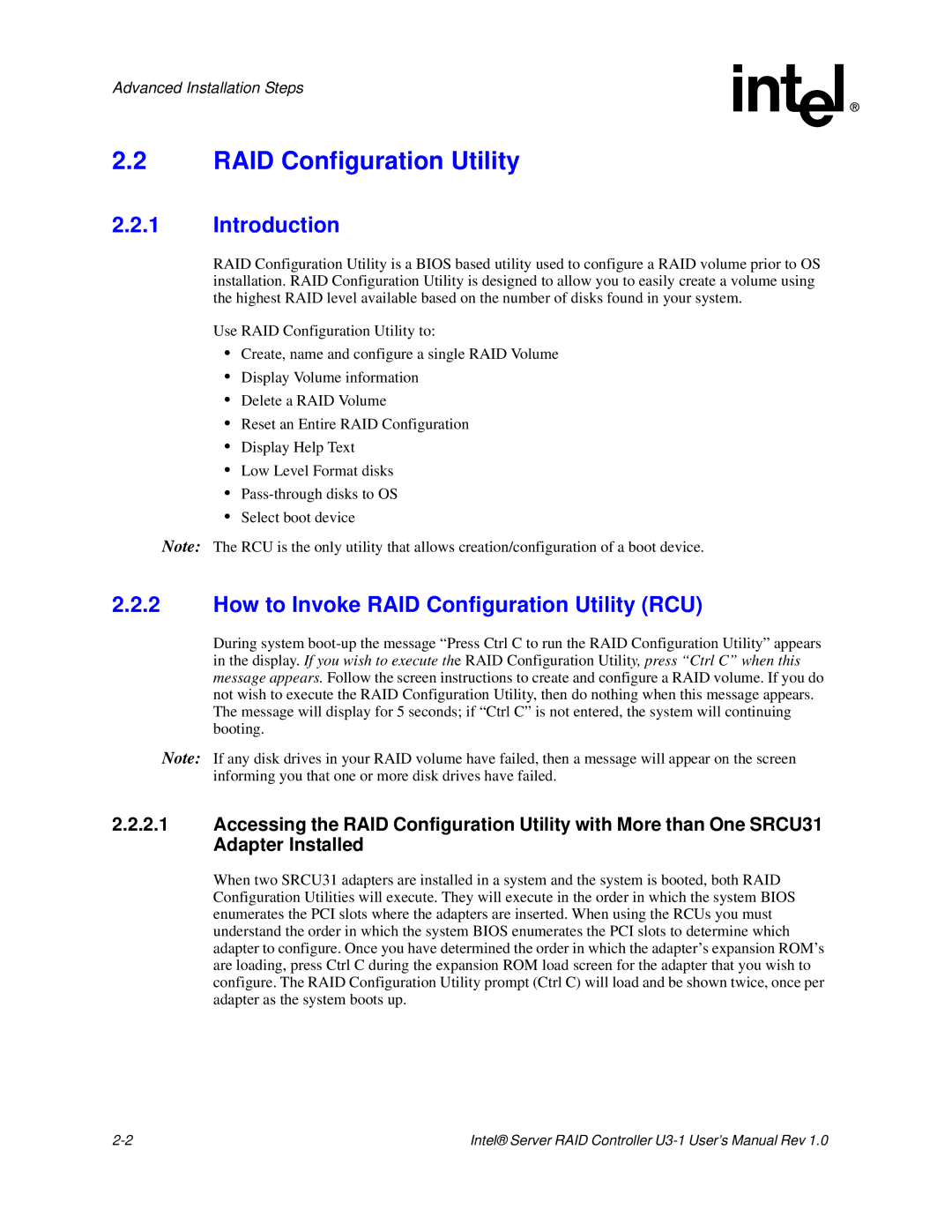 Intel SRCU31 user manual Introduction, How to Invoke RAID Configuration Utility RCU 