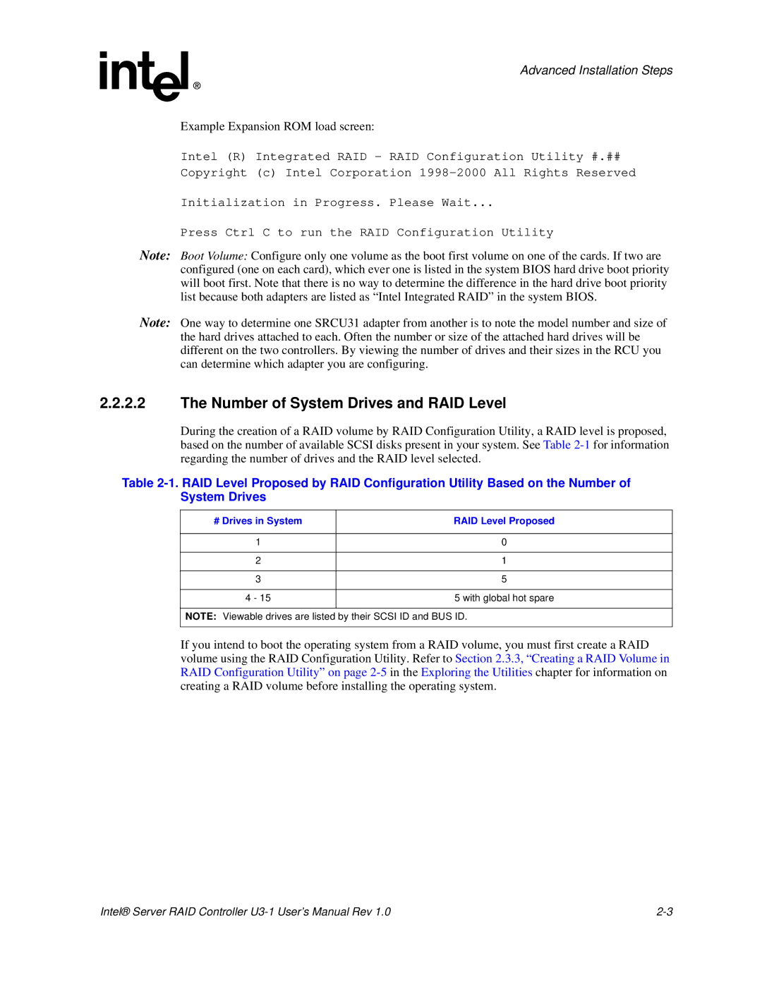 Intel SRCU31 user manual Number of System Drives and RAID Level, # Drives in System RAID Level Proposed 