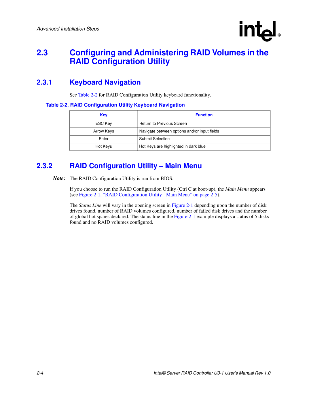 Intel SRCU31 RAID Configuration Utility Main Menu, RAID Configuration Utility Keyboard Navigation, Key Function 