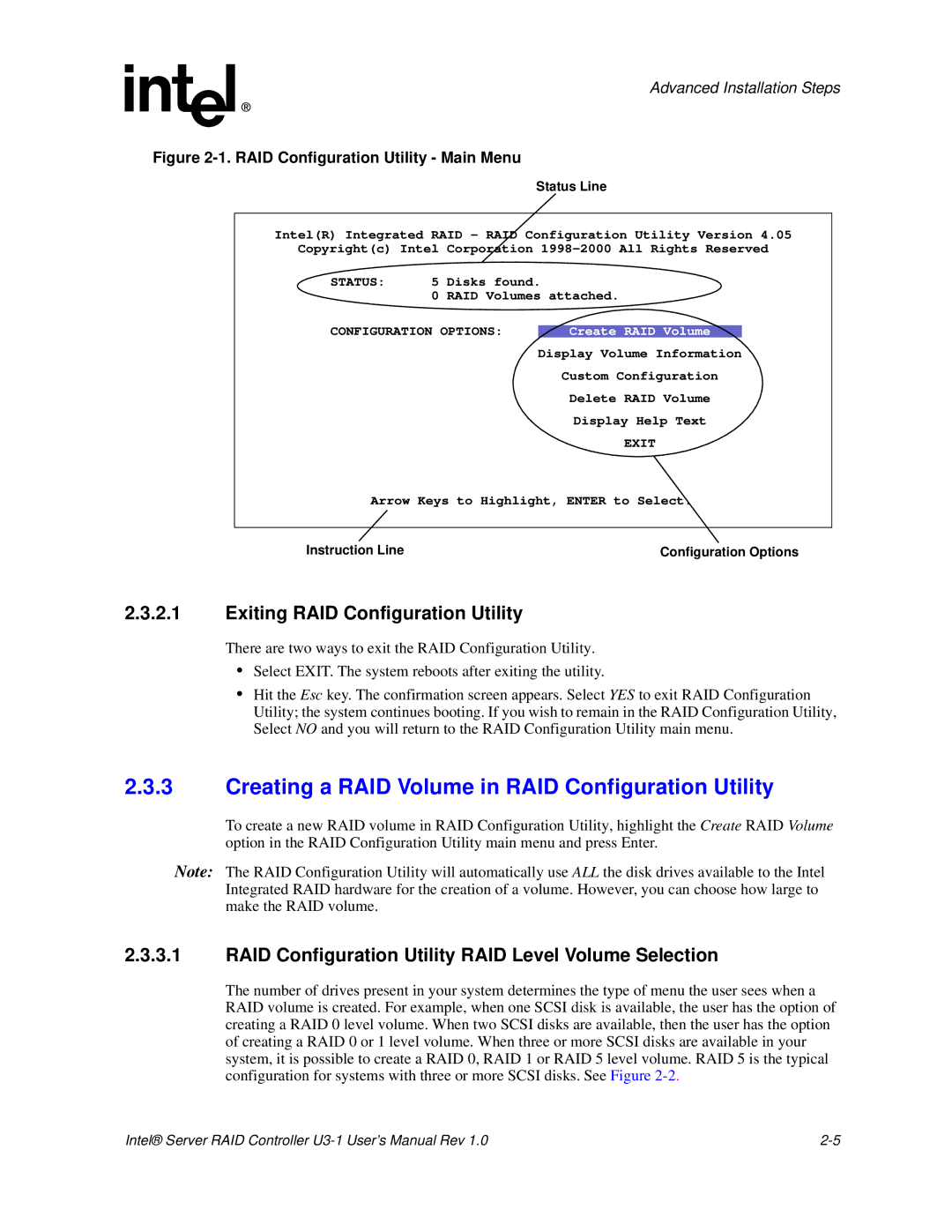 Intel SRCU31 user manual Creating a RAID Volume in RAID Configuration Utility, Exiting RAID Configuration Utility 