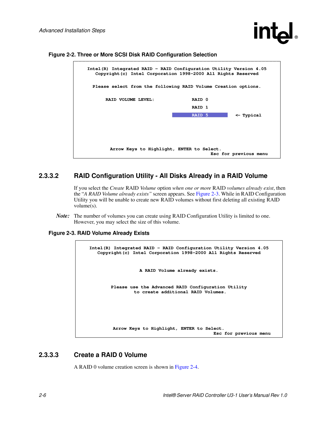 Intel SRCU31 user manual Create a RAID 0 Volume, Three or More Scsi Disk RAID Configuration Selection 